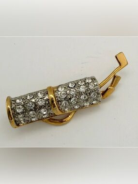 Vintage Gold Silver Rhinestone Crystal Golf Club Bag Brooch Pin Master’s